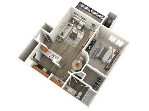 A 3D floor plan of a house showing a kitchen, living room, and two bedrooms.